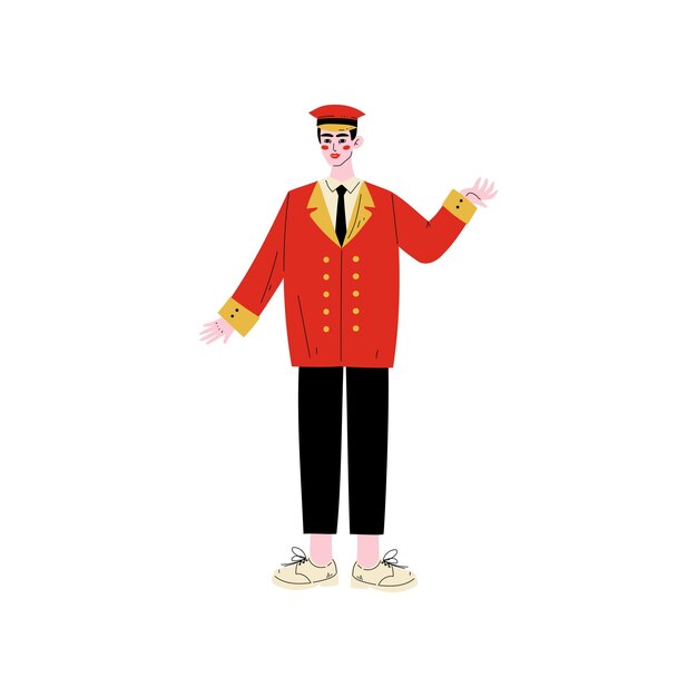 ベクトル 男性ドアマンミーティングゲスト 男性ドアマンホテルスタッフ 赤いユニフォームのベクトルイラスト
