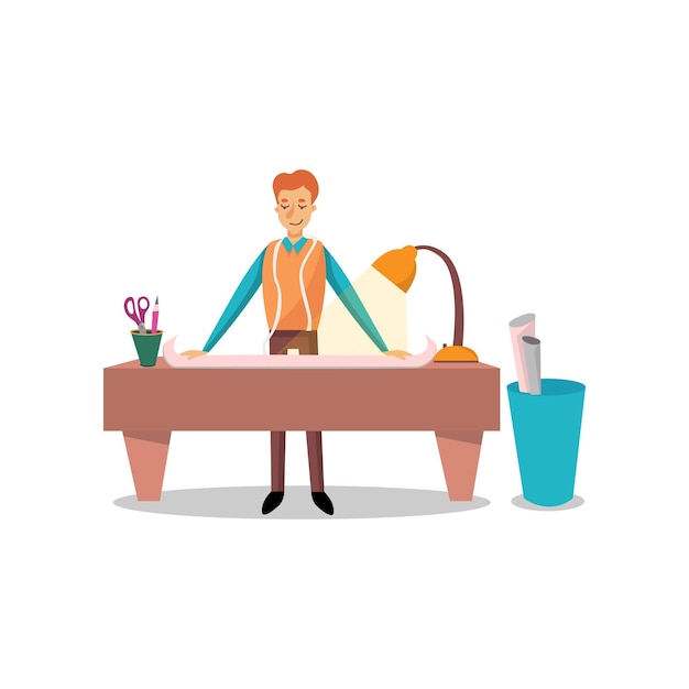 Male dressmaker working at sewing atelier fashion designer cartoon vector illustration on a white background