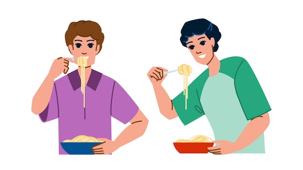 ベクトル 麺類を食べる男性の男ベクトル若い丼の食事アジアのラーメンを食べる男性麺類を食べる男キャラクター人フラット漫画イラスト