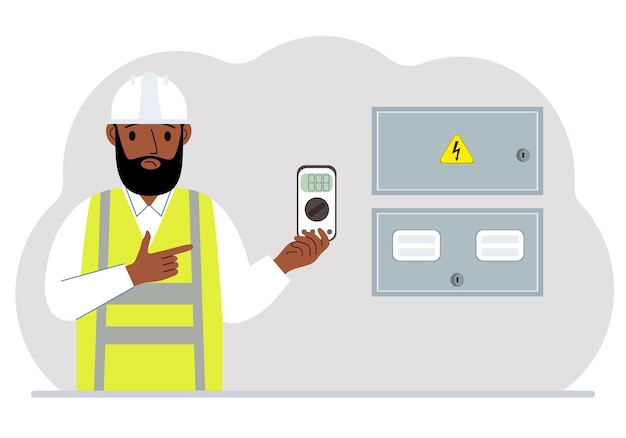 Vector a male electrical engineer holds a digital multimeter in his hand and stands next to an electrical cabinet