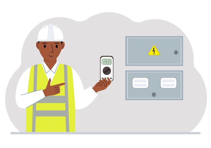 Vector a male electrical engineer holds a digital multimeter in his hand and stands next to an electrical cabinet