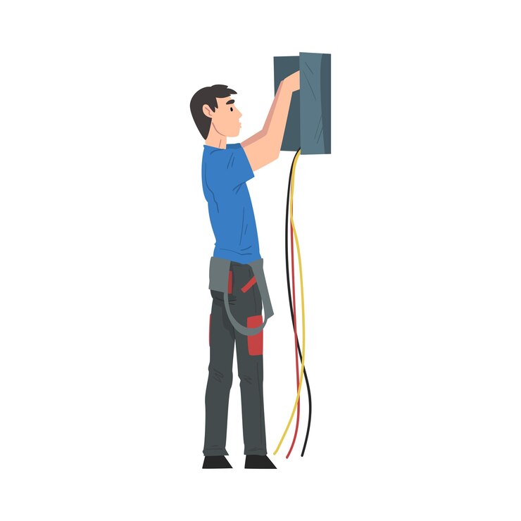 Vector male electrician engineer repairing control panel electricity maintenance service worker character cartoon style vector illustration