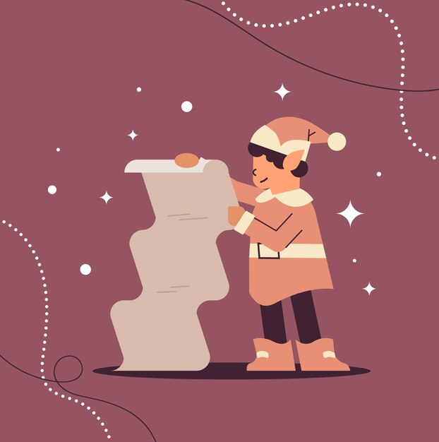 新年あけましておめでとうございますメリークリスマス休暇を祝うユニフォーム保持ウィッシュリスト男の子サンタヘルパーの男性エルフ