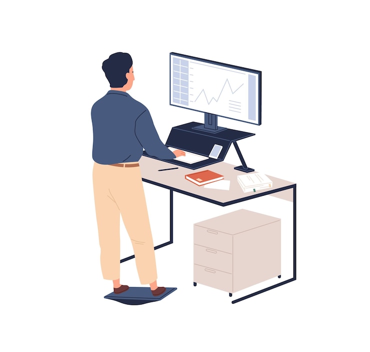 Vector male employee behind ergonomic furniture working on computer vector flat illustration. man standing on footrest looking to monitor at contemporary workstation isolated. staff at modern regulate table.