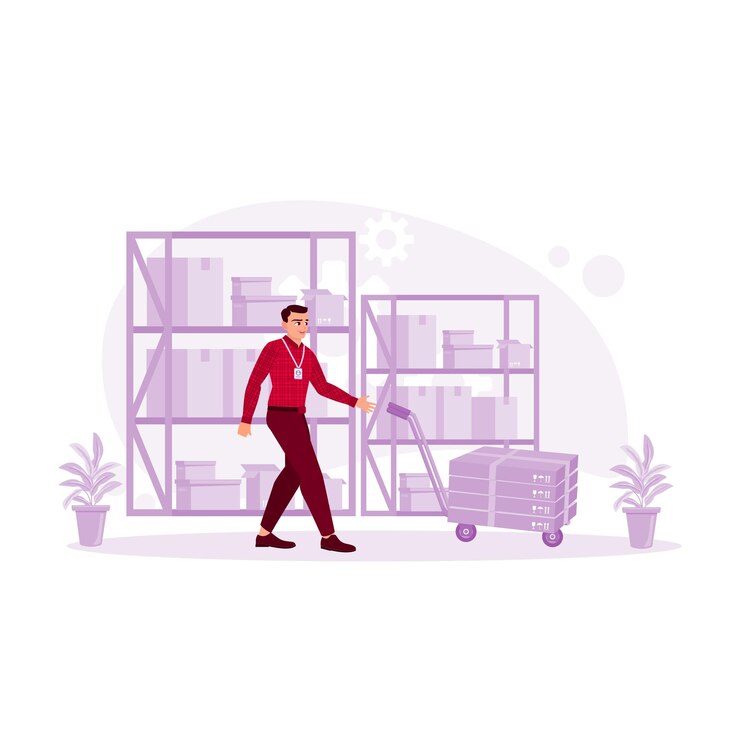 Vector a male employee pushed a trolley containing boxes to the goods storage area storage concept