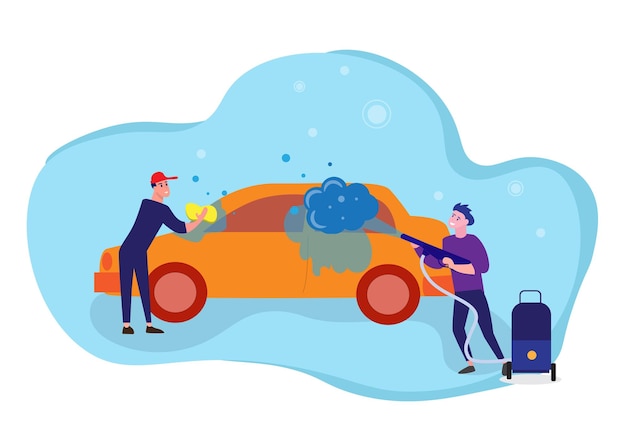 Вектор Сотрудники мужского пола, помогающие мыть автомобили в чистом стиле, автосервис векторная иллюстрация