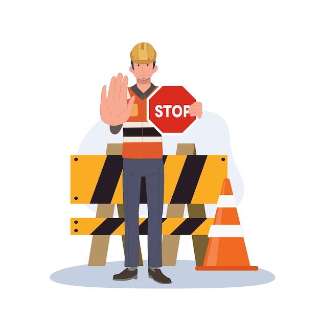 Male engineer is holding STOP sign for warning under construction area No entrance vector cartoon illustration