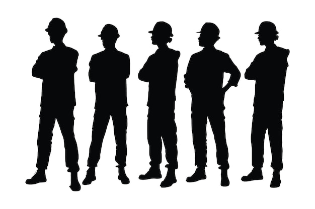 白い背景に男性エンジニアのシルエット エンジニアボーイズのシルエットコレクション 匿名の顔を持つ男性エンジニアと労働者 制服を着て立っている男性の建設作業員のシルエット