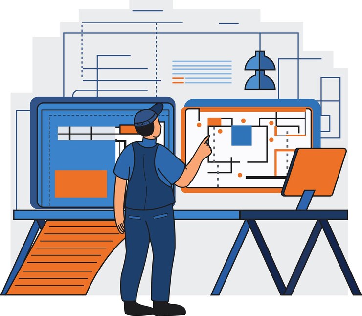 Vector male engineer supervising construction work illustration in doodle style