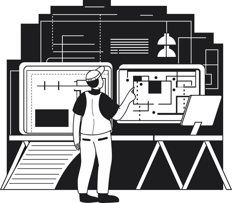 Vector male engineer supervising construction work illustration in doodle style