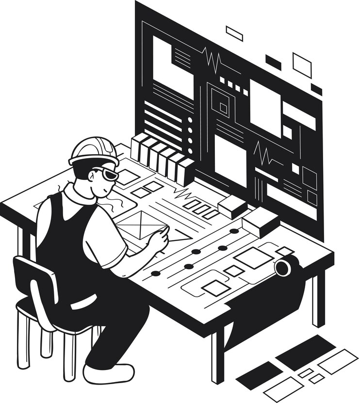 Vector male engineer supervising construction work illustration in doodle style