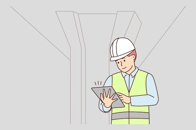 male engineer in uniform near bridge construction