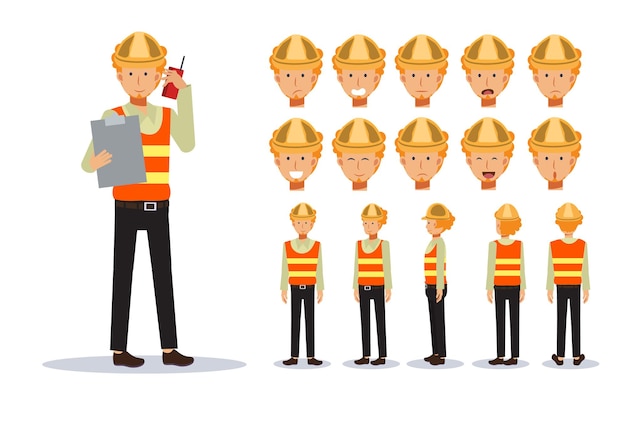 Male Engineer in various views, Cartoon style.Flat Vector Character illustration