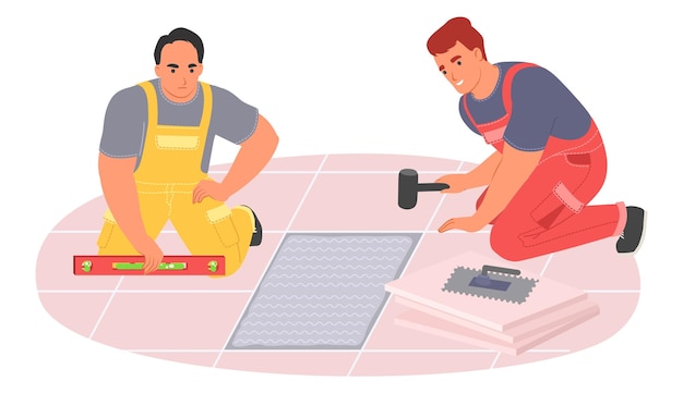 Vector male expert tiler worker making floor vector illustration