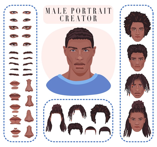 Male face constructor. Generator of realistic portrait. Handsome African man avatar creator.