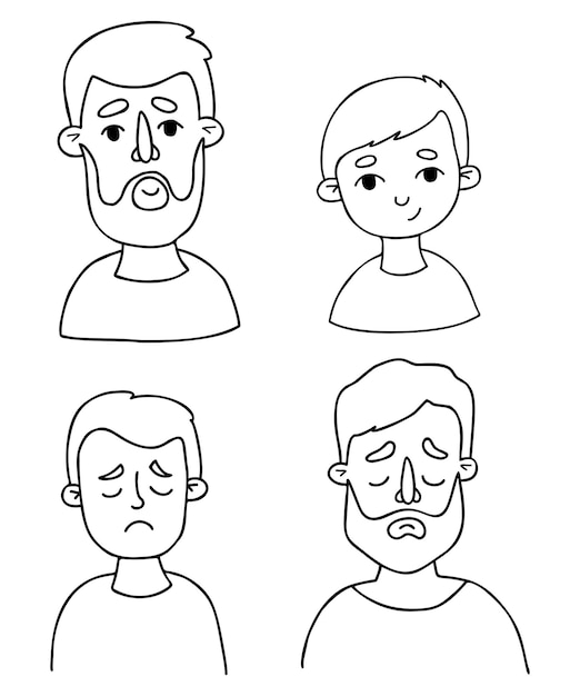 Male faces Portraits of father and son Emotions happy and sad Hand drawings in doodle style