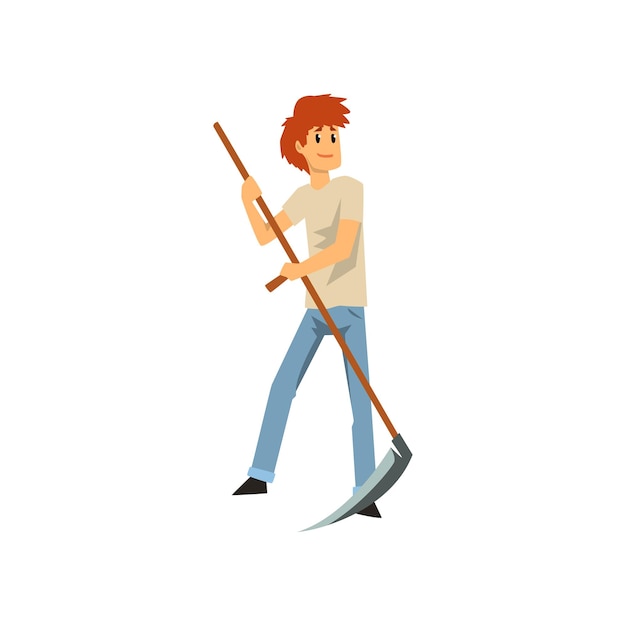 Male farmer mowing grass with scythe farm worker with gardening equipment vector Illustration on a white background