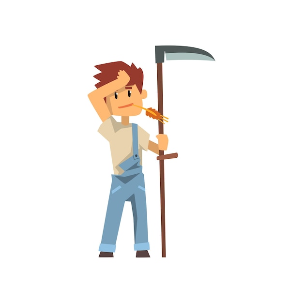 Male farmer scythe for grass farm worker with gardening equipment vector Illustration on a white background