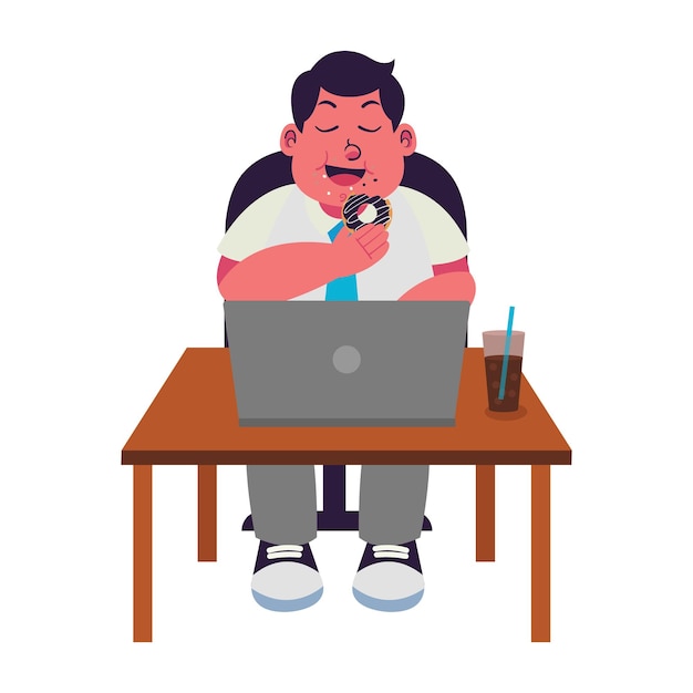 Male Fat People overweight plus size obesity Working and Eating at Desk Illustration