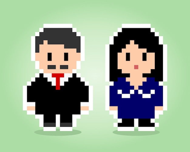 Male and female 8 bit pixels People in pairs for game assets in vector illustration