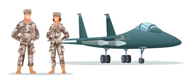 Male and female army soldier characters with military jet plane