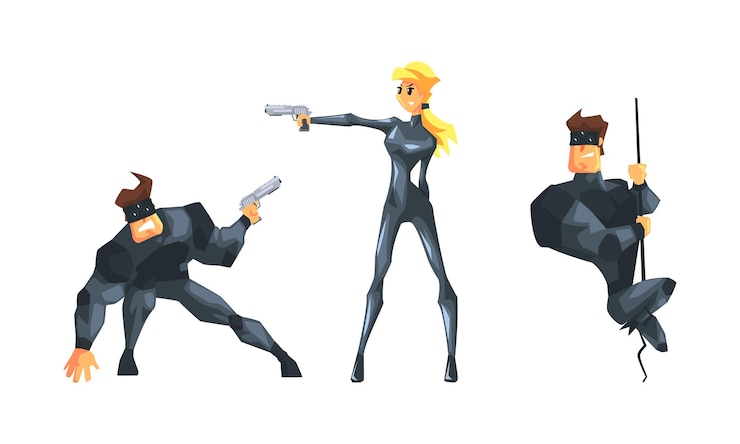 Vector male and female as undercover secret agent engaged in espionage or spying vector set