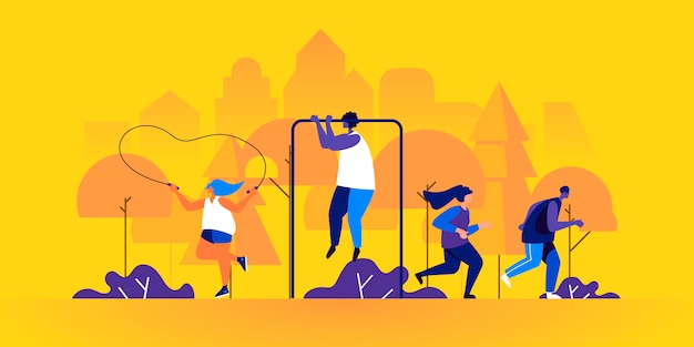 male and female athletes jogging or running, jumping with rope