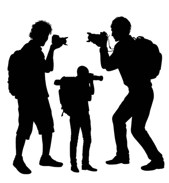 Male and female backpacker with camera. photographer silhouette