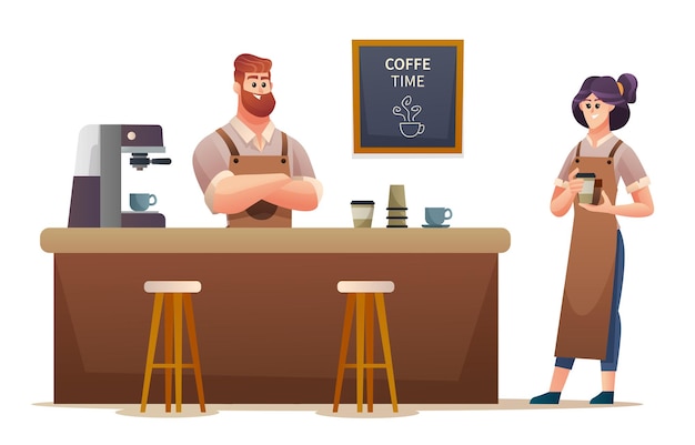 Male and female baristas working at coffee shop illustration