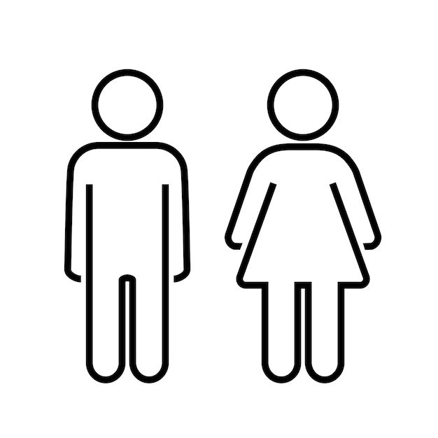 Segno del bagno maschile e femminile. simboli astratti di uomini e donne isolati su sfondo bianco. icone toilette o segno di toilette. illustrazione vettoriale.