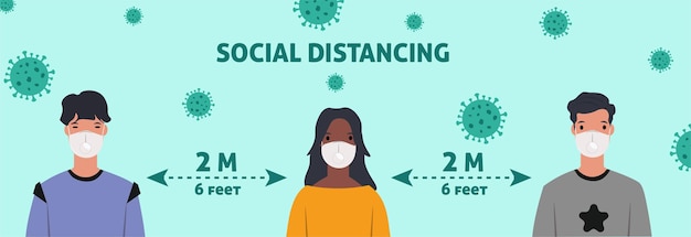 수술용 마스크와 안면 가리개를 착용한 남성과 여성 캐릭터는 예방을 위해 사회적 거리를 유지합니다.