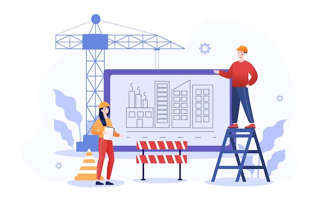Male and female characters are working on construction site professional team working on site