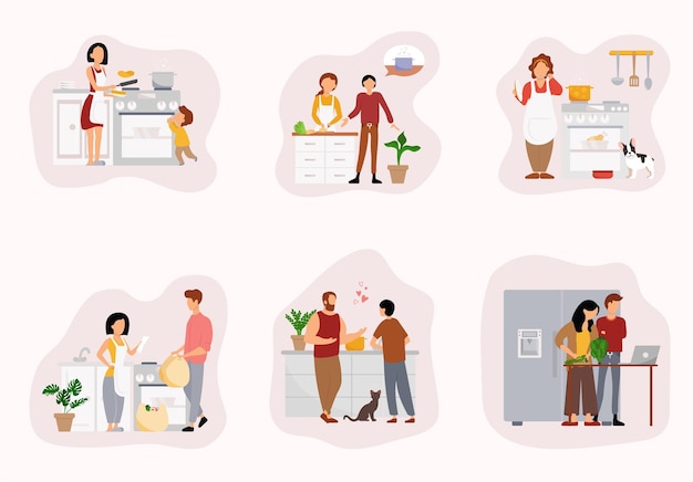 Male and female characters cooking in kitchen vector flat illustration isolated on white background Happy woman housewife mom family couples preparing food at home Cooking hobby homemade food