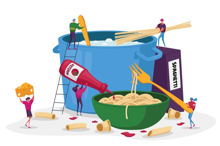 Vector male and female characters cooking pasta put spaghetti and macaroni in pan