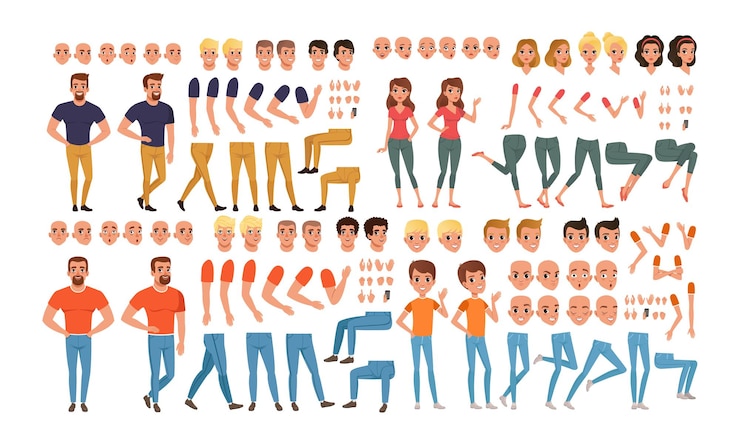 Vector male and female characters creation set people constructor with various views face emotions poses cartoon style vector illustration
