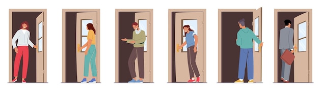男性と女性のキャラクターのドアを開ける、男性、女性、ビジネスパーソンは白い背景で隔離の開いた戸口に入ります。家を出る人、アパートやオフィスへの入り口。漫画のベクトル図