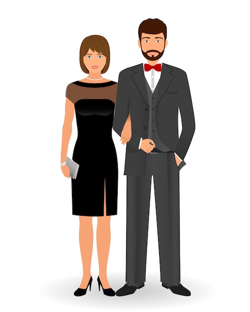 Male and female couple in elegant clothes for official social events. Black tie dress code. Cocktail evening clothes.