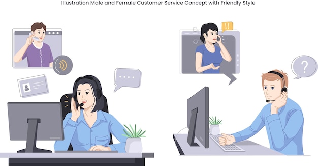 male and female customer service illustration concept with friendly style
