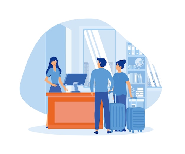 Male and female customers standing at reception desk and talking to female receptionist Scene of a visit to a service center flat vector modern illustration