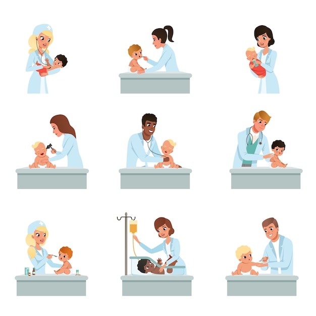 Vettore checkup medici maschi e femmine per bambini illustrazioni su uno sfondo bianco