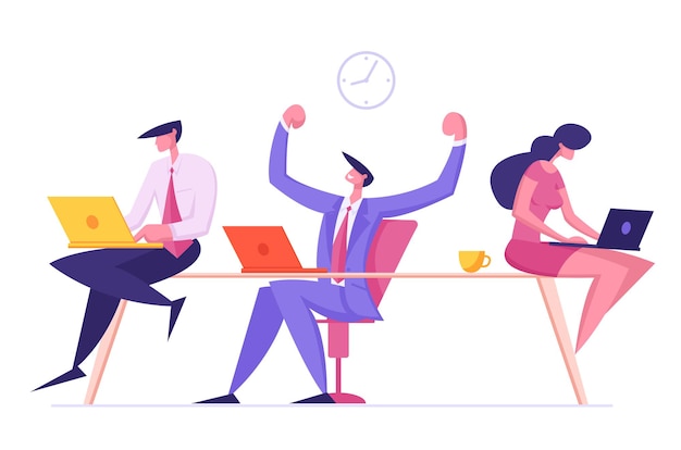 male and female employees characters sitting in office workplace