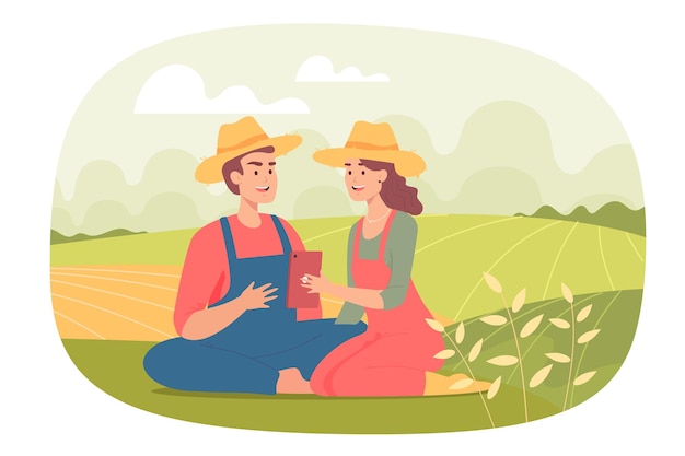 Male and female farmers with phone sitting in field together