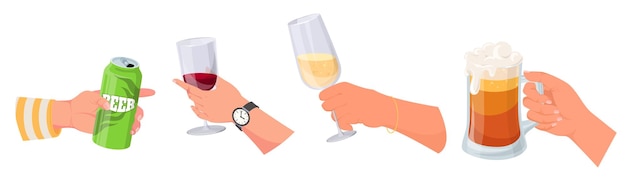 さまざまなアルコールを保持している男性と女性の手は、白い背景に設定された分離ベクトル図を保持しています。 ビール パイント マグカップと缶詰ボトル シャンパンとワイングラスを持つ人間の腕