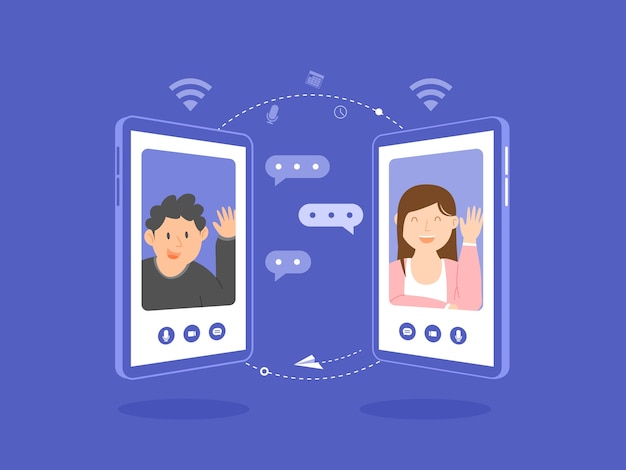 남성과 여성의 스마트 폰 화면, 온라인 회의, 온라인 데이트, 그림에 화상 통화를했습니다.