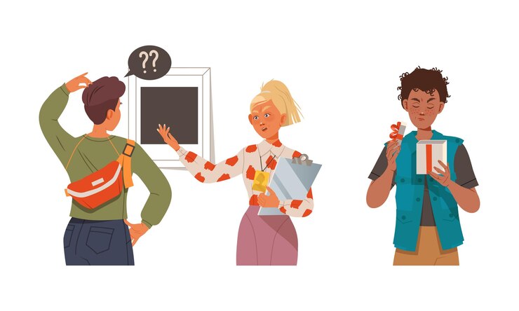 Vector male and female looking in gift box and talking to teacher demonstrating emotion vector illustration set