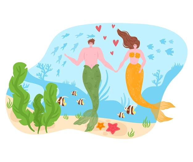 Male and female mermaids holding hands underwater surrounded by fish and seaweed mermaid couple in