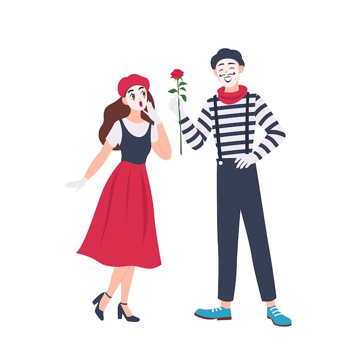 Vector male and female mimes isolated. cute funny boy giving rose flower to girl