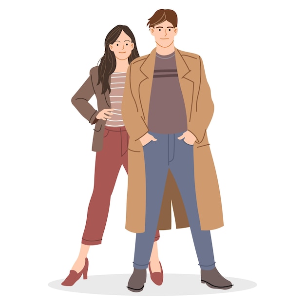 Vector male and female models wearing trendy clothes standing and posing for a fashion photoshoot