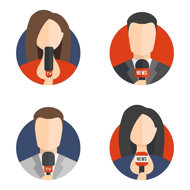 Male and female newsreader tv anchorman and anchorwoman vector avatar icons on white background