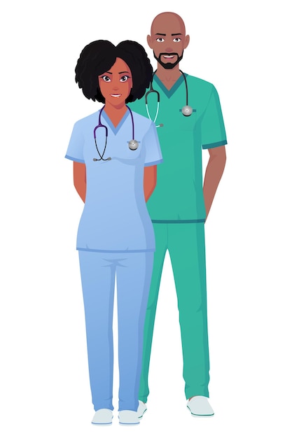 남성과 여성 간호사 의사 캐릭터 서 있고 스크럽 벡터를 입고